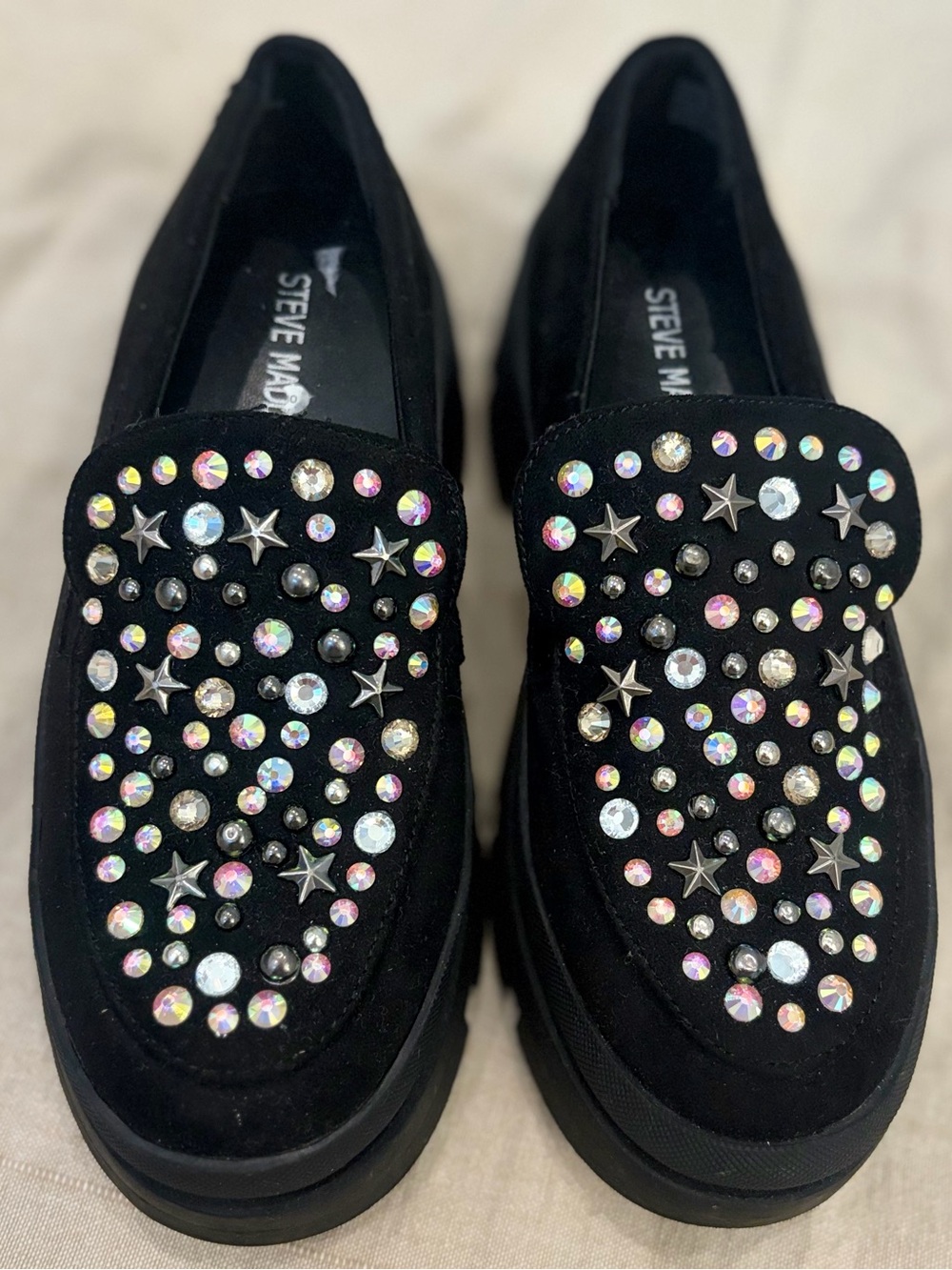 Steve Madden Black Suede Crystal & Star Stud Loafers